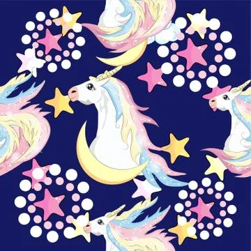 Seamless pattern with unicorns and stars. Baby background. Illustrazione stock