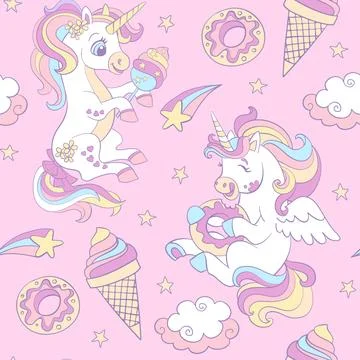 Seamless pattern with unicorns and sweets vector illustration Stock Illustration