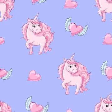 Seamless pattern with unicorns, donuts rainbow, confetti and other elements. Stock Illustration