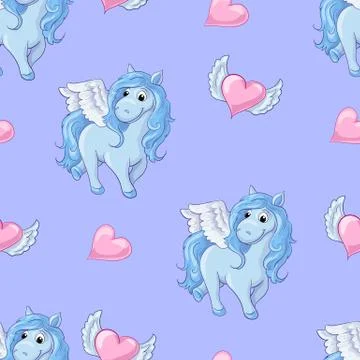 Seamless pattern with unicorns, donuts rainbow, confetti and other elements. Stock Illustration