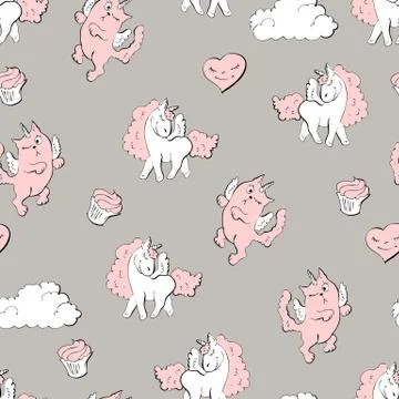 Seamless pattern with unicorns, donuts rainbow, confetti and other elements. Stock Illustration