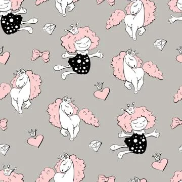 Seamless pattern with unicorns, donuts rainbow, confetti and other elements. Stock Illustration