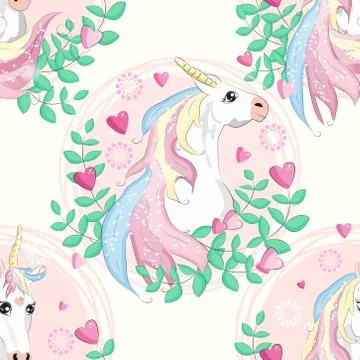 Seamless pattern with unicorns, donuts rainbow, confetti and other elements Stock Illustration