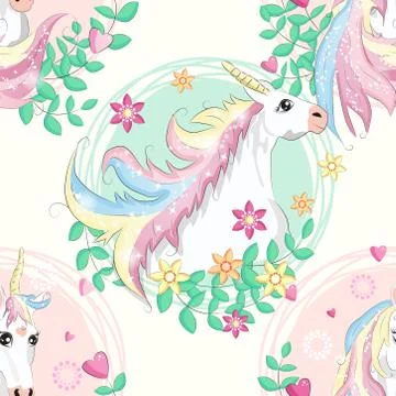 Seamless pattern with unicorns, donuts rainbow, confetti and other elements Stock Illustration