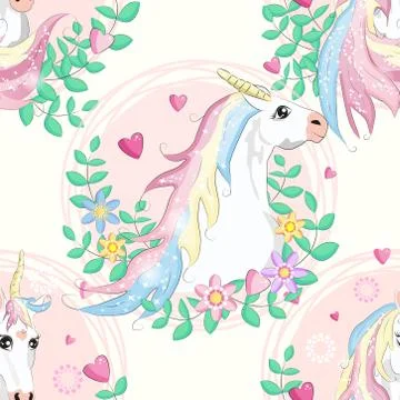 Seamless pattern with unicorns, donuts rainbow, confetti and other elements Stock Illustration