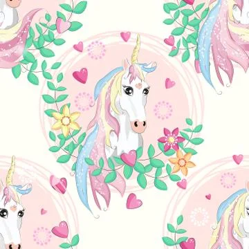 Seamless pattern with unicorns, donuts rainbow, confetti and other elements Stock Illustration