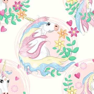 Seamless pattern with unicorns, donuts rainbow, confetti and other elements Stock Illustration