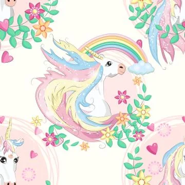 Seamless pattern with unicorns, donuts rainbow, confetti and other elements Stock Illustration