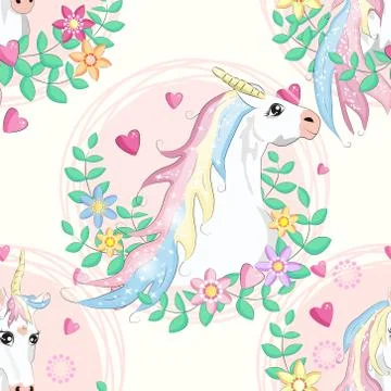 Seamless pattern with unicorns, donuts rainbow, confetti and other elements Illustrazione stock