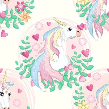 Seamless pattern with unicorns, donuts rainbow, confetti and other elements Stock Illustration