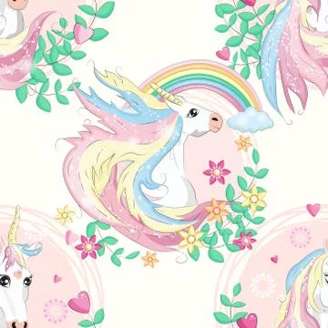 Seamless pattern with unicorns, donuts rainbow, confetti and other elements Stock Illustration