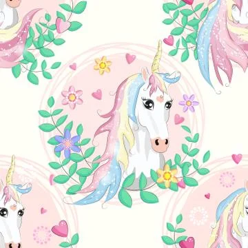 Seamless pattern with unicorns, donuts rainbow, confetti and other elements Stock Illustration