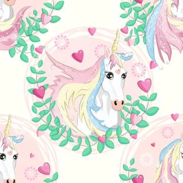 Seamless pattern with unicorns, donuts rainbow, confetti and other elements Stock Illustration
