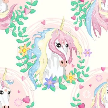 Seamless pattern with unicorns, donuts rainbow, confetti and other elements Stock Illustration