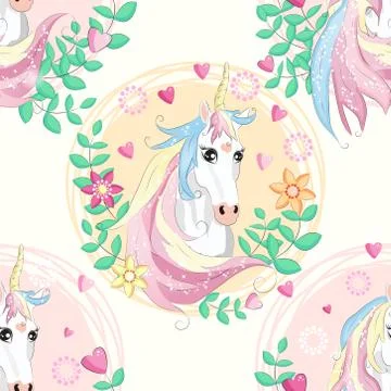 Seamless pattern with unicorns, donuts rainbow, confetti and other elements Stock Illustration