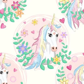 Seamless pattern with unicorns, donuts rainbow, confetti and other elements Stock Illustration