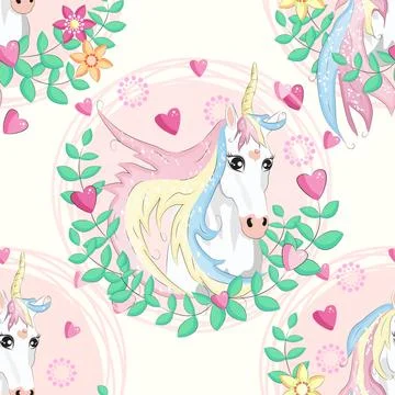 Seamless pattern with unicorns, donuts rainbow, confetti and other elements Stock Illustration