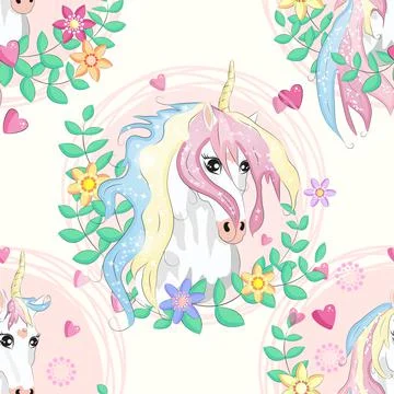 Seamless pattern with unicorns, donuts rainbow, confetti and other elements Illustrazione stock