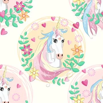 Seamless pattern with unicorns, donuts rainbow, confetti and other elements Illustrazione stock
