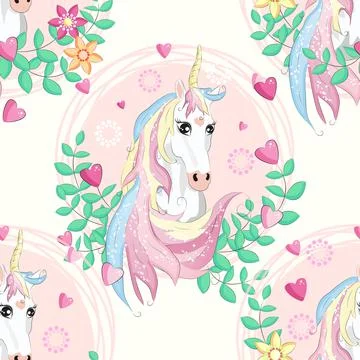 Seamless pattern with unicorns, donuts rainbow, confetti and other elements Stock Illustration
