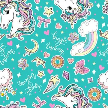 Seamless pattern unicorns heads and magic elements turquoise Stock Illustration