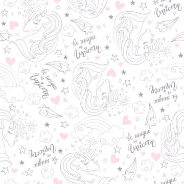 Seamless pattern unicorns heads and lettering white Stock Illustration