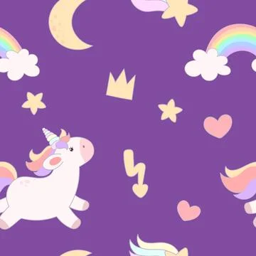 Seamless pattern with unicorns, hearts, rainbows, crown, lightning and moon Stock Illustration