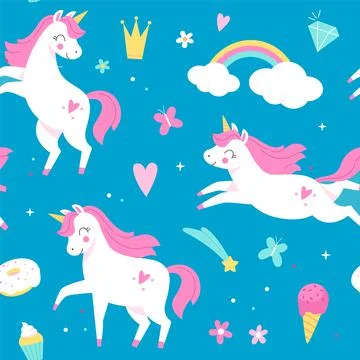 Seamless pattern unicorns. Magical horses, rainbow and ice cream on blue Stock Illustration