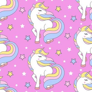 Seamless pattern with unicorns on a pink background. Vector Stock Illustration