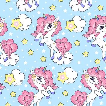 Seamless pattern with unicorns with pink mane. Vector Stock Illustration