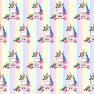 Seamless pattern of unicorns on a rainbow background. Stock Illustration