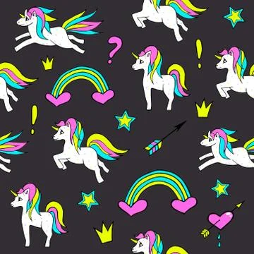 Seamless pattern with unicorns, rainbow, heart, crown and other elements.Ve.. イラスト素材