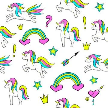 Seamless pattern with unicorns, rainbow, heart, crown and other elements.Ve.. Stock Illustration