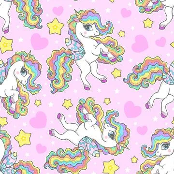 Seamless pattern with unicorns with rainbow mane. Vector Stock Illustration