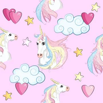 Seamless pattern with Unicorns, rainbows and hearts, trendy cartoon patches. 库存插图