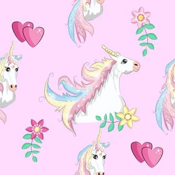 Seamless pattern with Unicorns, rainbows and hearts, trendy cartoon patches. Illustrazione stock