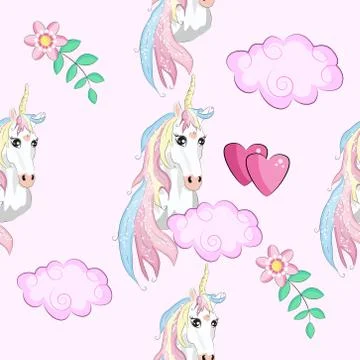Seamless pattern with Unicorns, rainbows and hearts, trendy cartoon patches. Illustrazione stock