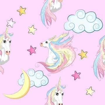 Seamless pattern with Unicorns, rainbows and hearts, trendy cartoon patches. イラスト素材