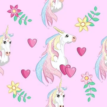 Seamless pattern with Unicorns, rainbows and hearts, trendy cartoon patches. Illustrazione stock