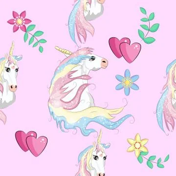 Seamless pattern with Unicorns, rainbows and hearts, trendy cartoon patches. Illustrazione stock