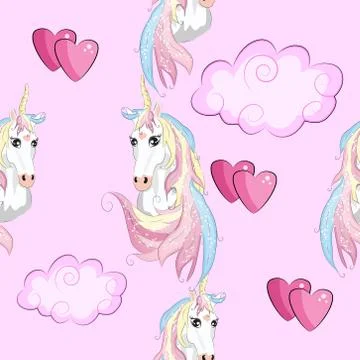 Seamless pattern with Unicorns, rainbows and hearts, trendy cartoon patches. Illustrazione stock