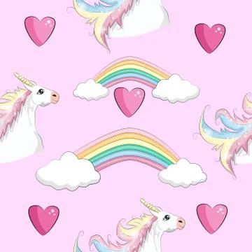 Seamless pattern with Unicorns, rainbows and hearts, trendy cartoon patches. イラスト素材