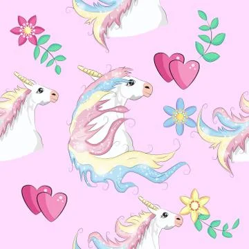 Seamless pattern with Unicorns, rainbows and hearts, trendy cartoon patches. 库存插图