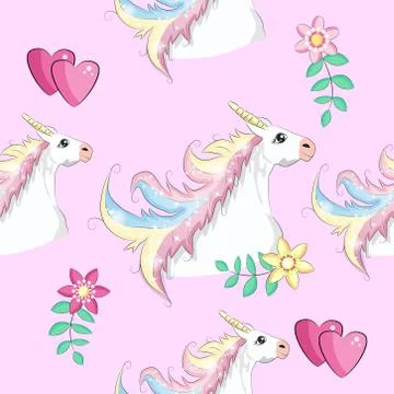 Seamless pattern with Unicorns, rainbows and hearts, trendy cartoon patches. イラスト素材