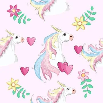 Seamless pattern with Unicorns, rainbows and hearts, trendy cartoon patches. イラスト素材