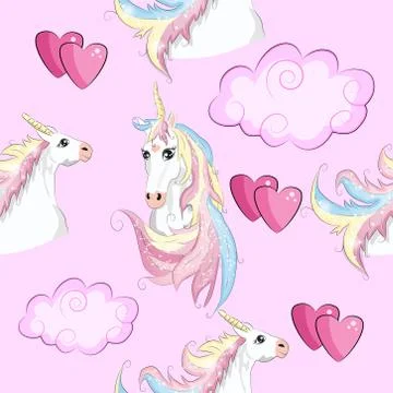 Seamless pattern with Unicorns, rainbows and hearts, trendy cartoon patches. Stock Illustration