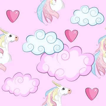 Seamless pattern with Unicorns, rainbows and hearts, trendy cartoon patches. 库存插图