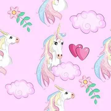 Seamless pattern with Unicorns, rainbows and hearts, trendy cartoon patches. イラスト素材
