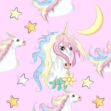 Seamless pattern with Unicorns, rainbows and hearts, trendy cartoon patches. 스톡 일러스트