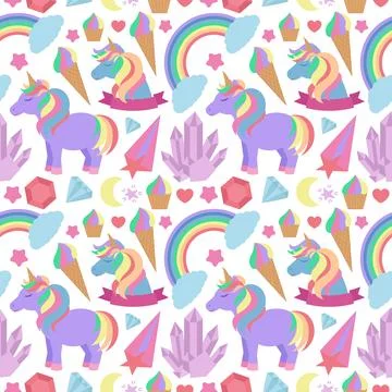 Seamless pattern with unicorns, rainbows, crystals and other elements. Vector Stockillustratie